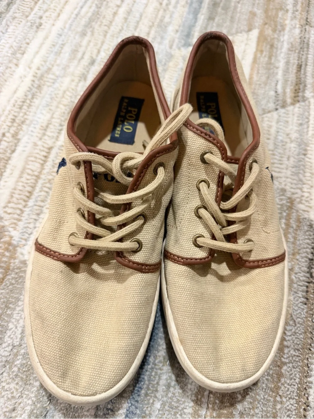 Polo by Ralph Lauren Tan Canvas Boat Shoes with Brown Trim